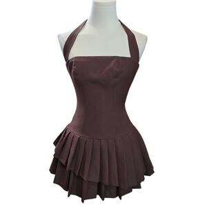 NWT Women's OH Polly Brown Pleated Halter Dress Sz US 0